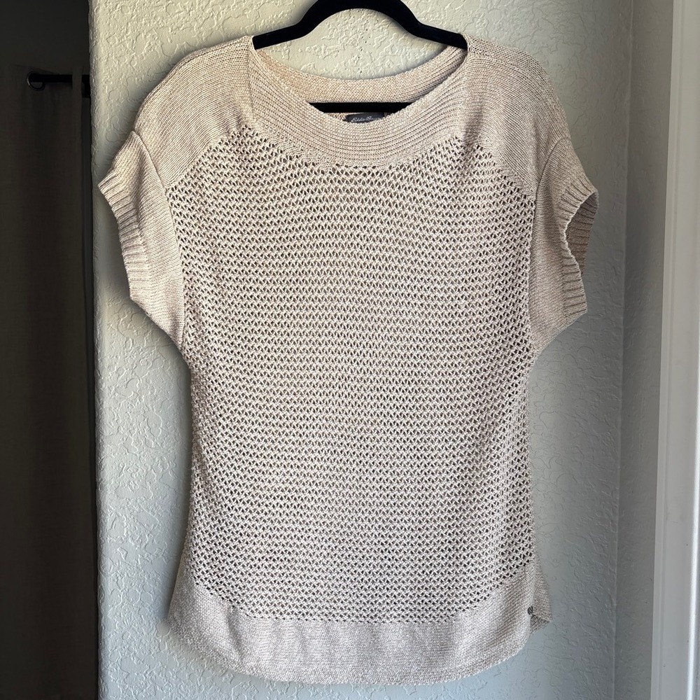 Eddie Bauer Linen Cotton Women L Sweater Beige Short Sleeve Boho Knit Granola - Picture 1 of 8